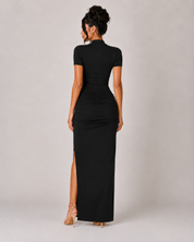 V Neck Short Sleeve Maxi Dress - Black