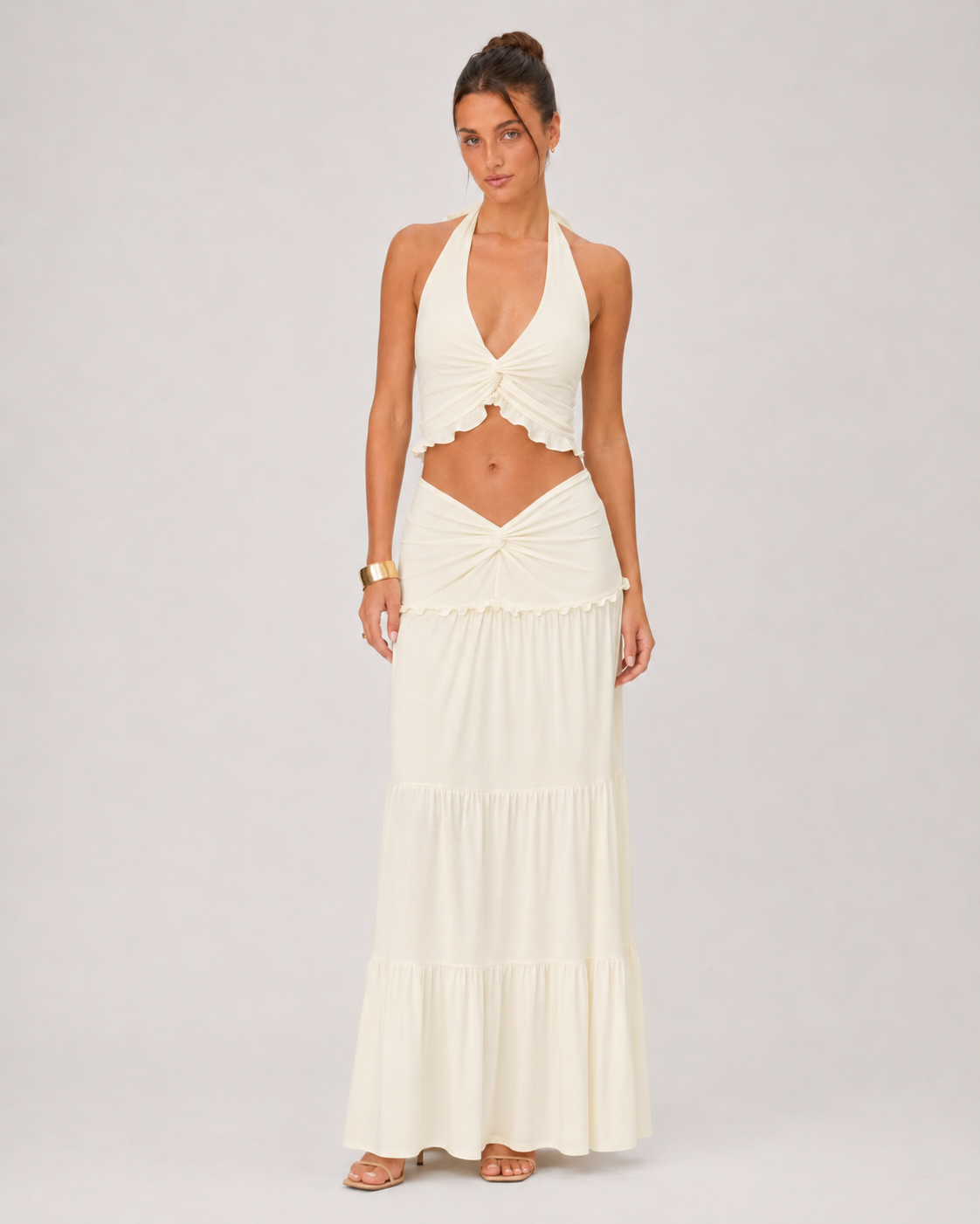 Ruched Halter Top & Tiered Maxi Skirt Set - Apricot