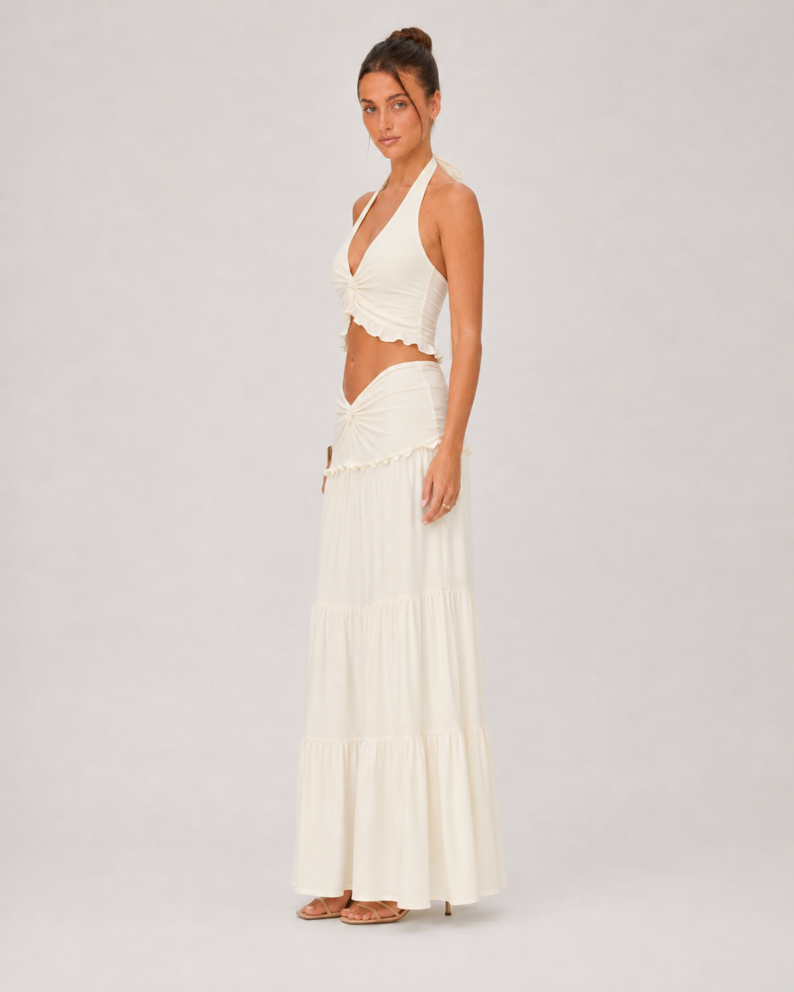 Ruched Halter Top & Tiered Maxi Skirt Set - Apricot