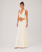 Ruched Halter Top & Tiered Maxi Skirt Set - Apricot