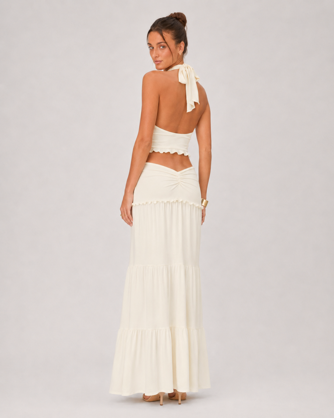 Ruched Halter Top & Tiered Maxi Skirt Set - Apricot