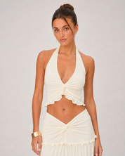 Ruched Halter Top & Tiered Maxi Skirt Set - Apricot