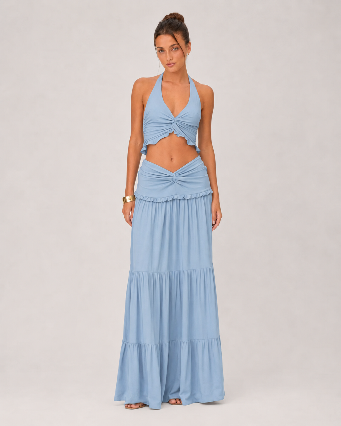 Ruched Halter Top & Tiered Maxi Skirt Set - Baby Blue