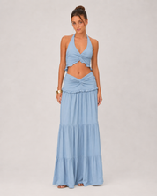 Ruched Halter Top & Tiered Maxi Skirt Set - Baby Blue