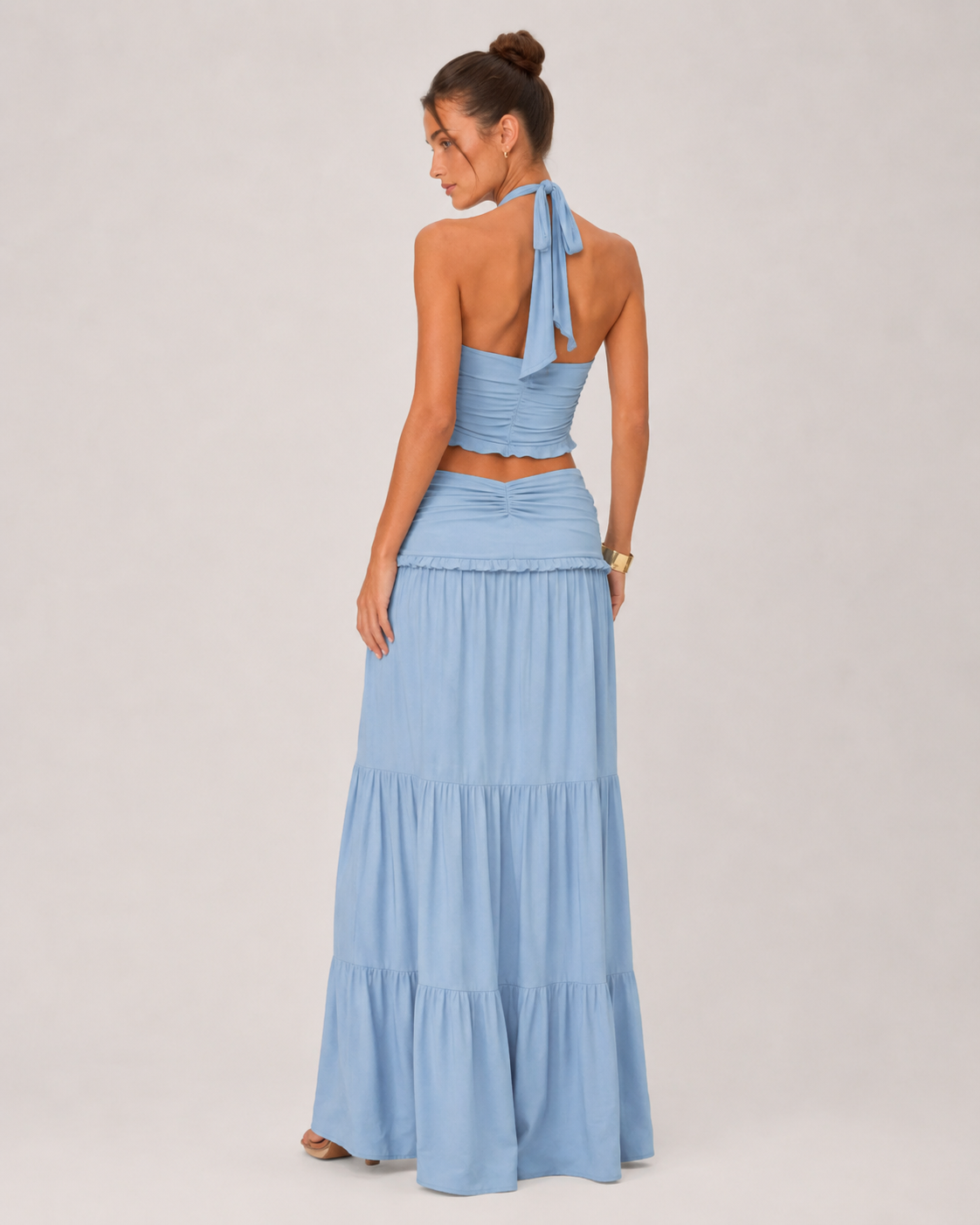 Ruched Halter Top & Tiered Maxi Skirt Set - Baby Blue