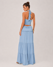 Ruched Halter Top & Tiered Maxi Skirt Set - Baby Blue