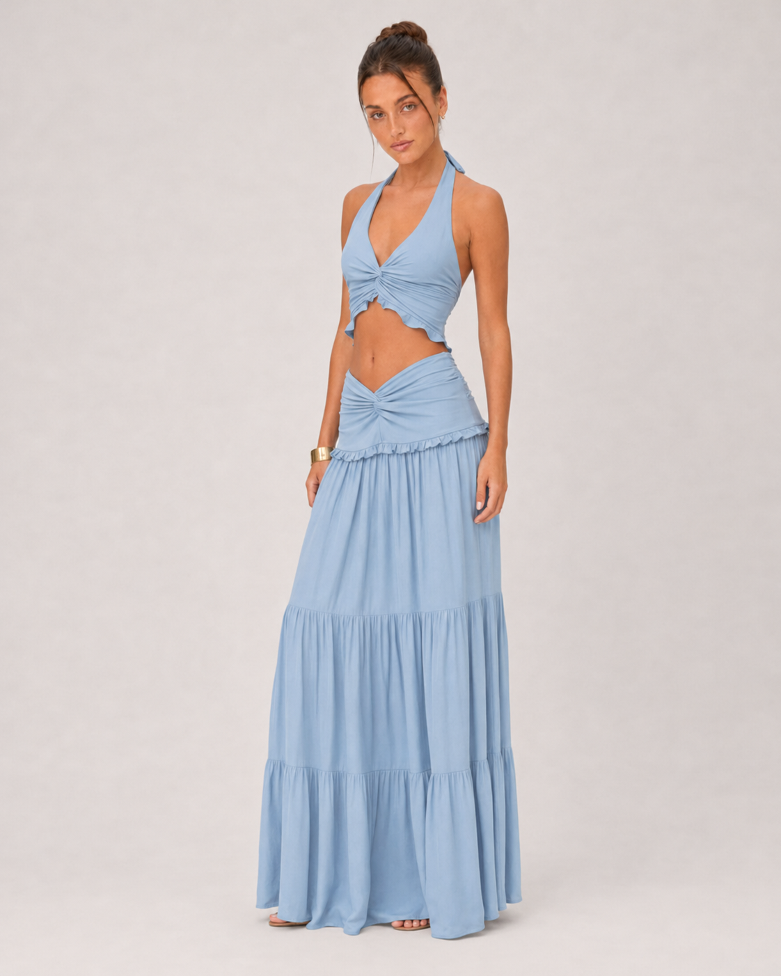 Ruched Halter Top & Tiered Maxi Skirt Set - Baby Blue