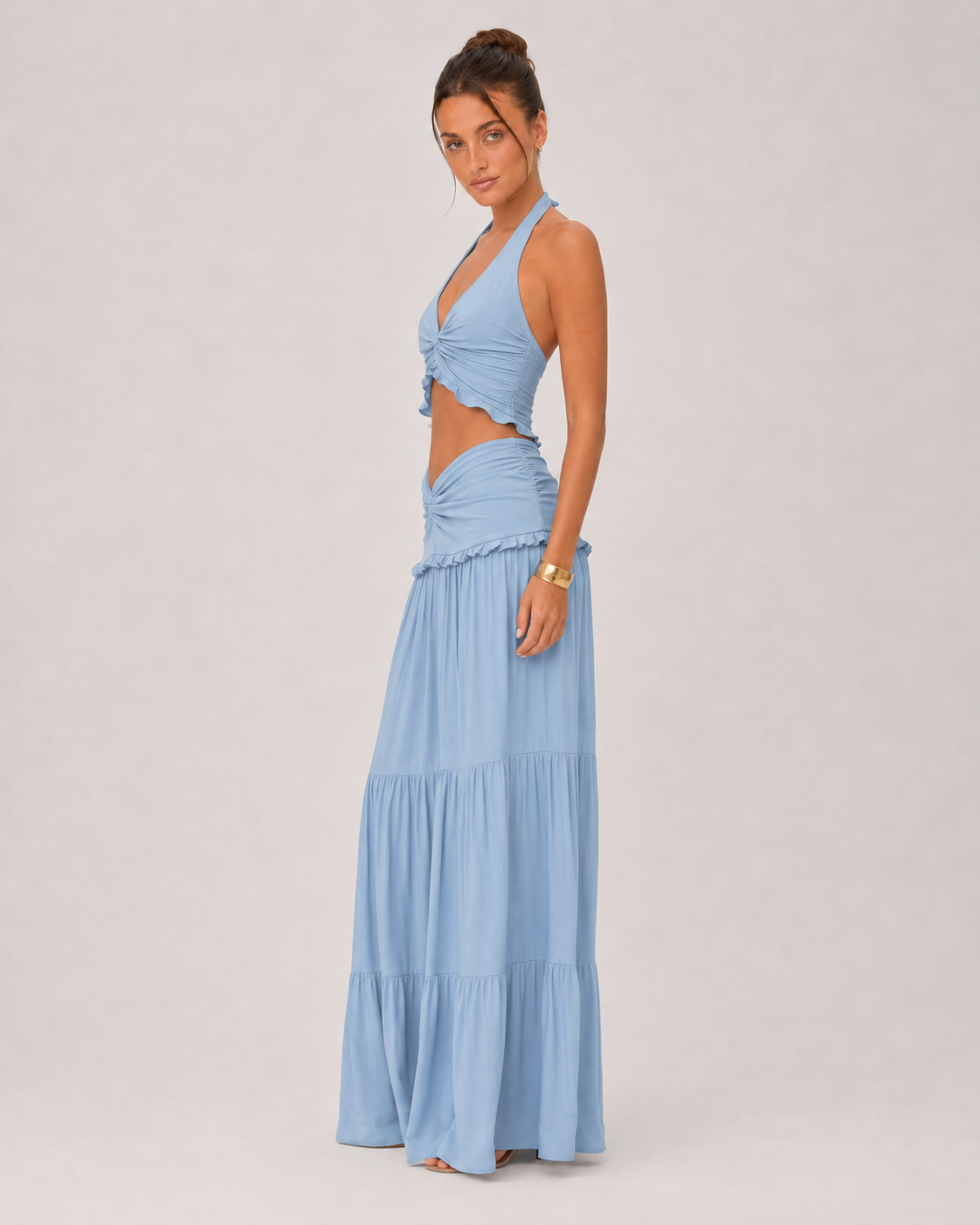 Ruched Halter Top & Tiered Maxi Skirt Set - Baby Blue