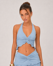 Ruched Halter Top & Tiered Maxi Skirt Set - Baby Blue