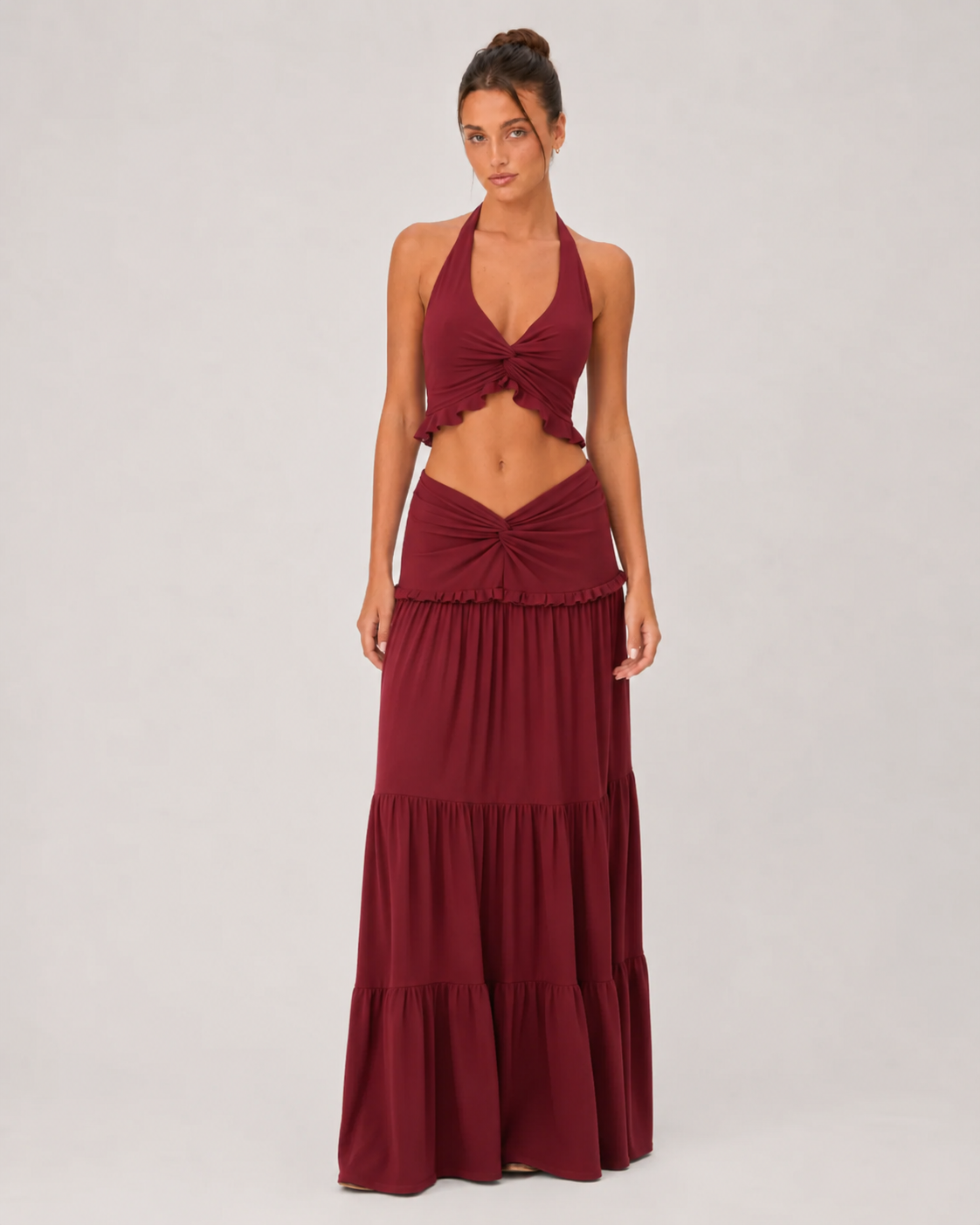 Ruched Halter Top & Tiered Maxi Skirt Set - Burgundy