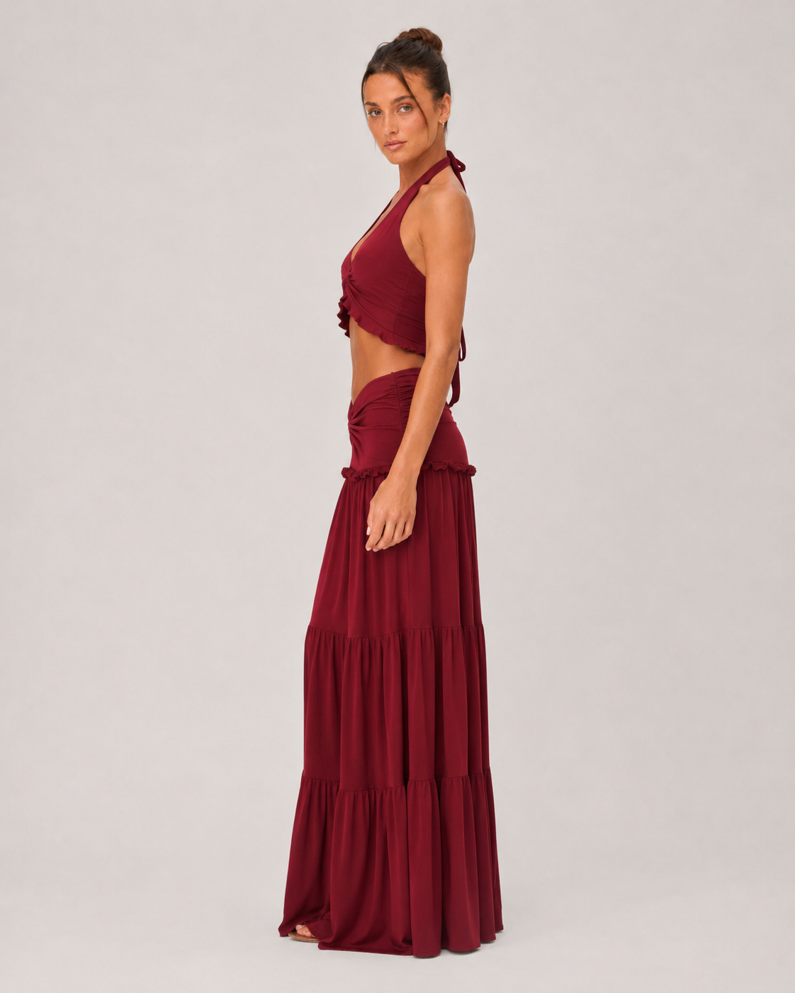 Ruched Halter Top & Tiered Maxi Skirt Set - Burgundy