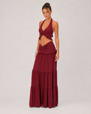 Ruched Halter Top & Tiered Maxi Skirt Set - Burgundy
