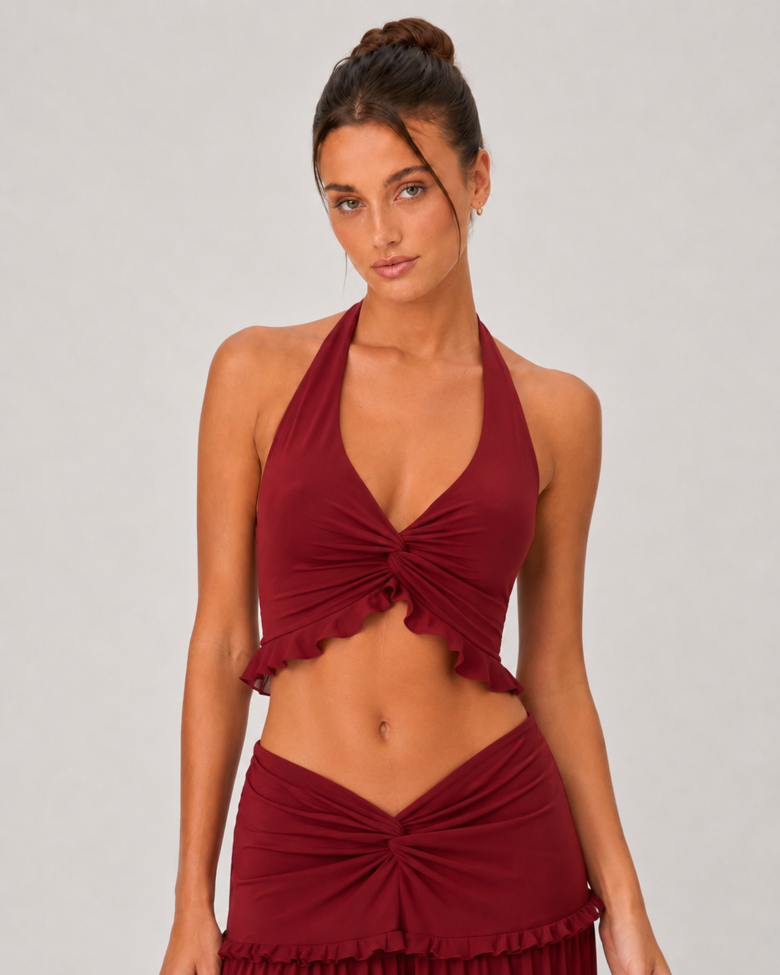 Ruched Halter Top & Tiered Maxi Skirt Set - Burgundy