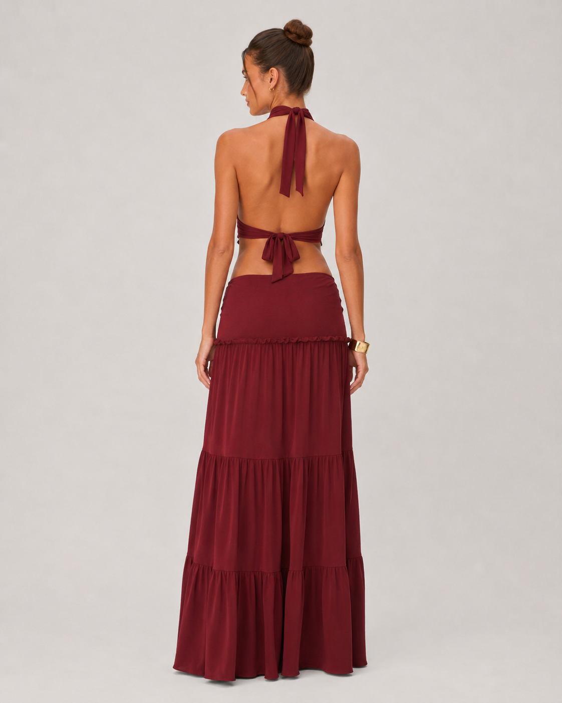 Ruched Halter Top & Tiered Maxi Skirt Set - Burgundy