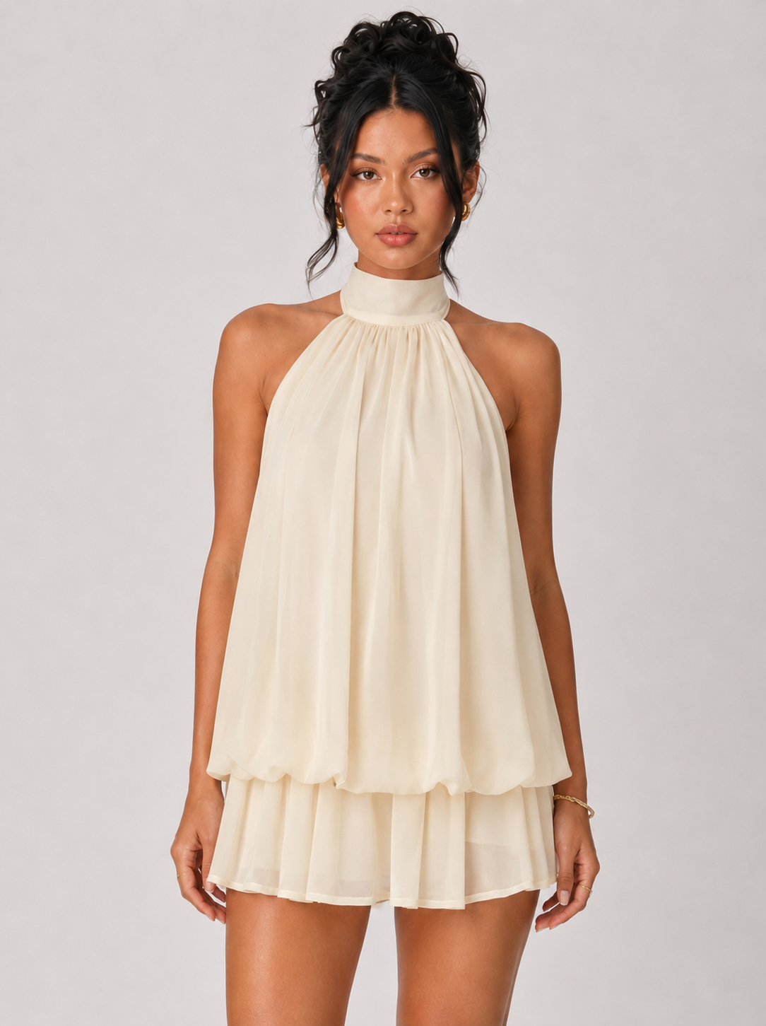 Chiffon Halter Mini Dress - Khaki