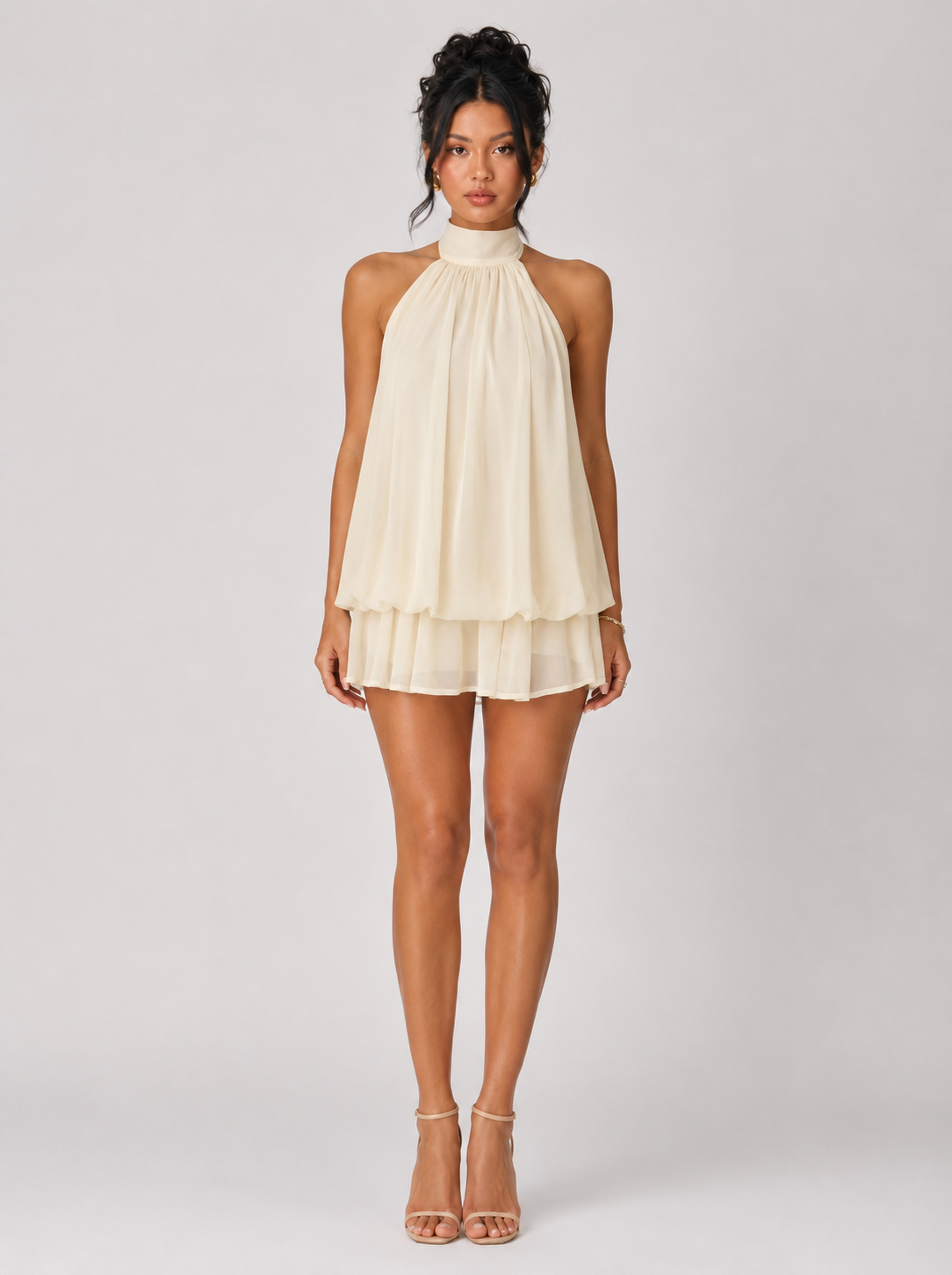 Chiffon Halter Mini Dress - Khaki