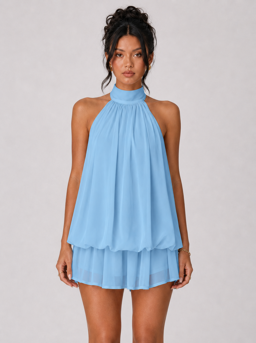 Chiffon Halter Mini Dress - Sky Blue