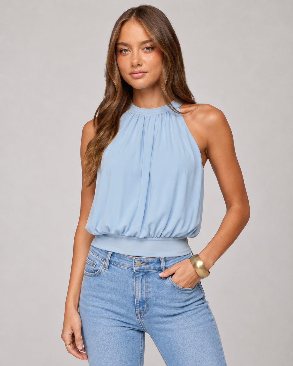 Luna Polka Dot Halter Top - Chime Blue