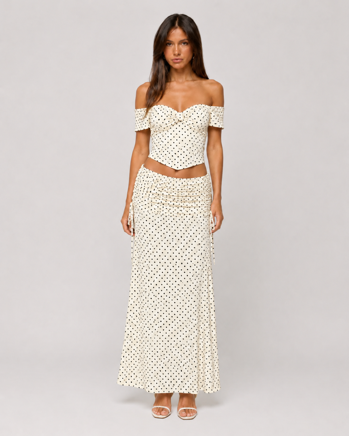 Polka Dot Off-Shoulder Corset Top & Ruched Maxi Skirt Set