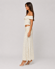 Polka Dot Off-Shoulder Corset Top & Ruched Maxi Skirt Set