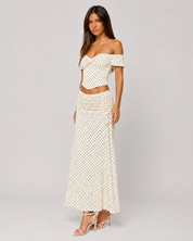 Polka Dot Off-Shoulder Corset Top & Ruched Maxi Skirt Set