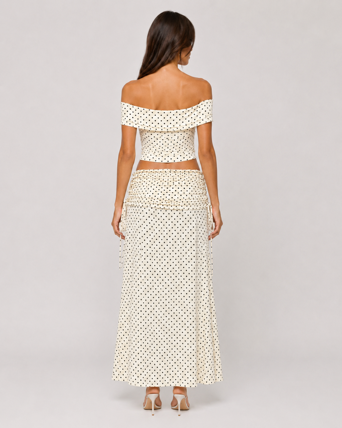Polka Dot Off-Shoulder Corset Top & Ruched Maxi Skirt Set
