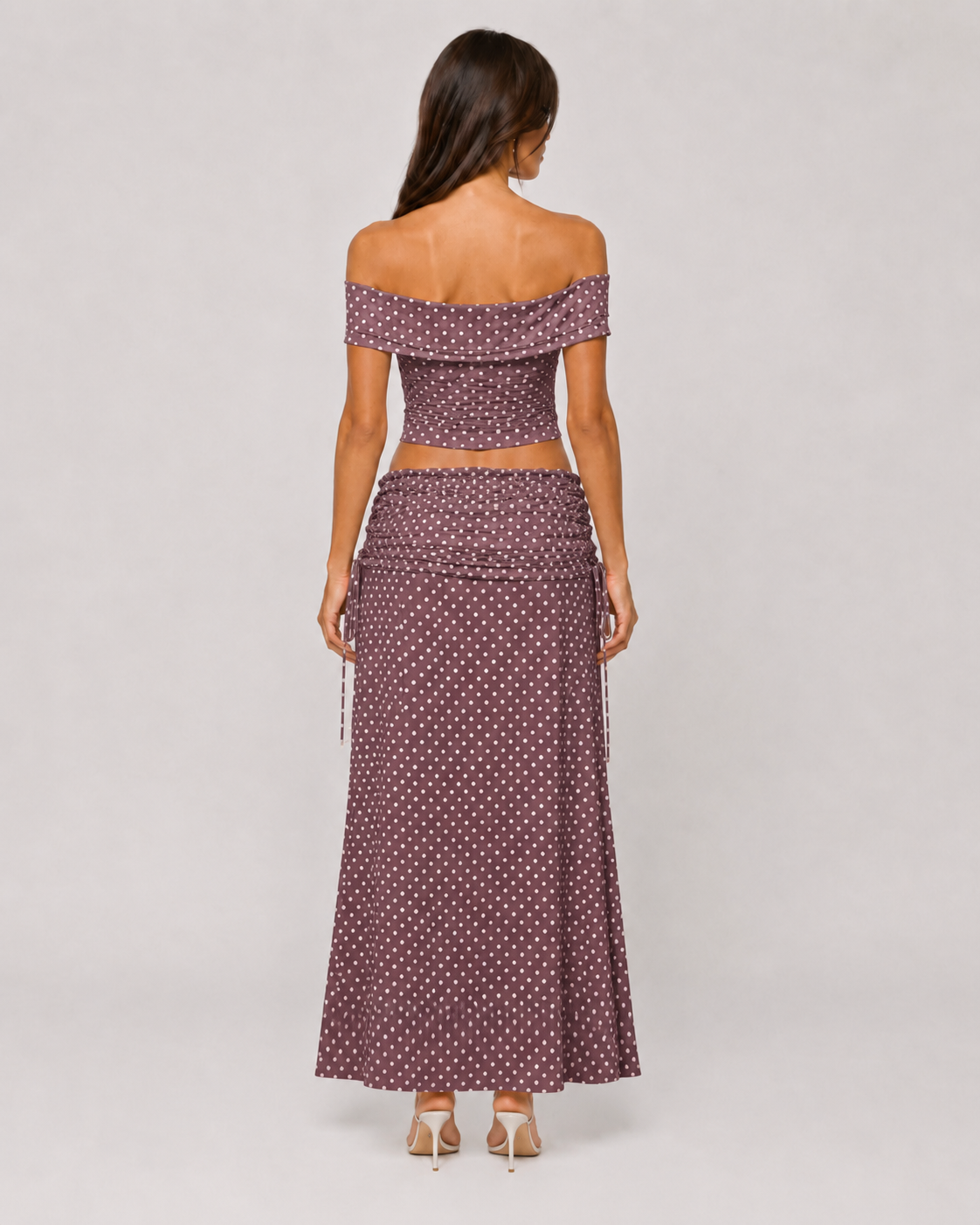 Polka Dot Off-Shoulder Corset Top & Ruched Maxi Skirt Set
