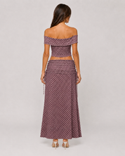Polka Dot Off-Shoulder Corset Top & Ruched Maxi Skirt Set