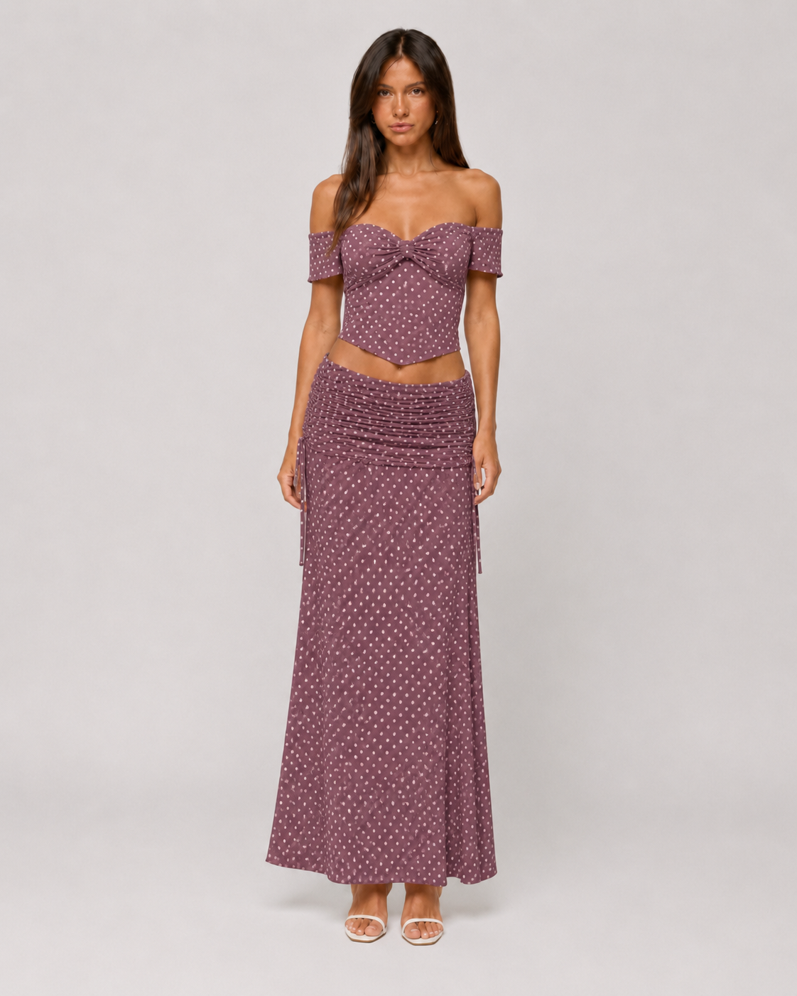 Polka Dot Off-Shoulder Corset Top & Ruched Maxi Skirt Set