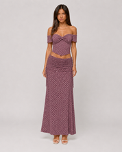 Polka Dot Off-Shoulder Corset Top & Ruched Maxi Skirt Set