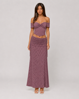 Polka Dot Off-Shoulder Corset Top & Ruched Maxi Skirt Set