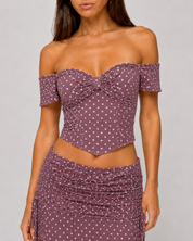 Polka Dot Off-Shoulder Corset Top & Ruched Maxi Skirt Set