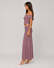 Polka Dot Off-Shoulder Corset Top & Ruched Maxi Skirt Set