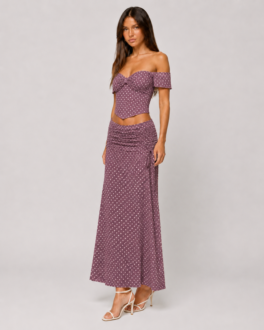 Polka Dot Off-Shoulder Corset Top & Ruched Maxi Skirt Set