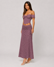 Polka Dot Off-Shoulder Corset Top & Ruched Maxi Skirt Set