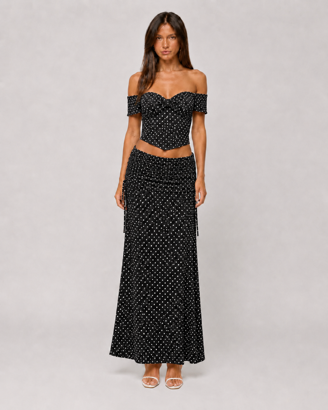 Polka Dot Off-Shoulder Corset Top & Ruched Maxi Skirt Set
