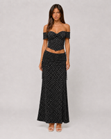 Polka Dot Off-Shoulder Corset Top & Ruched Maxi Skirt Set