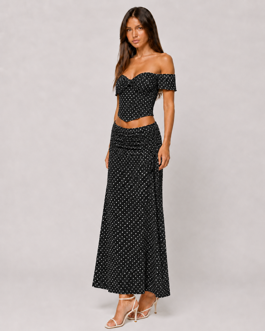 Polka Dot Off-Shoulder Corset Top & Ruched Maxi Skirt Set