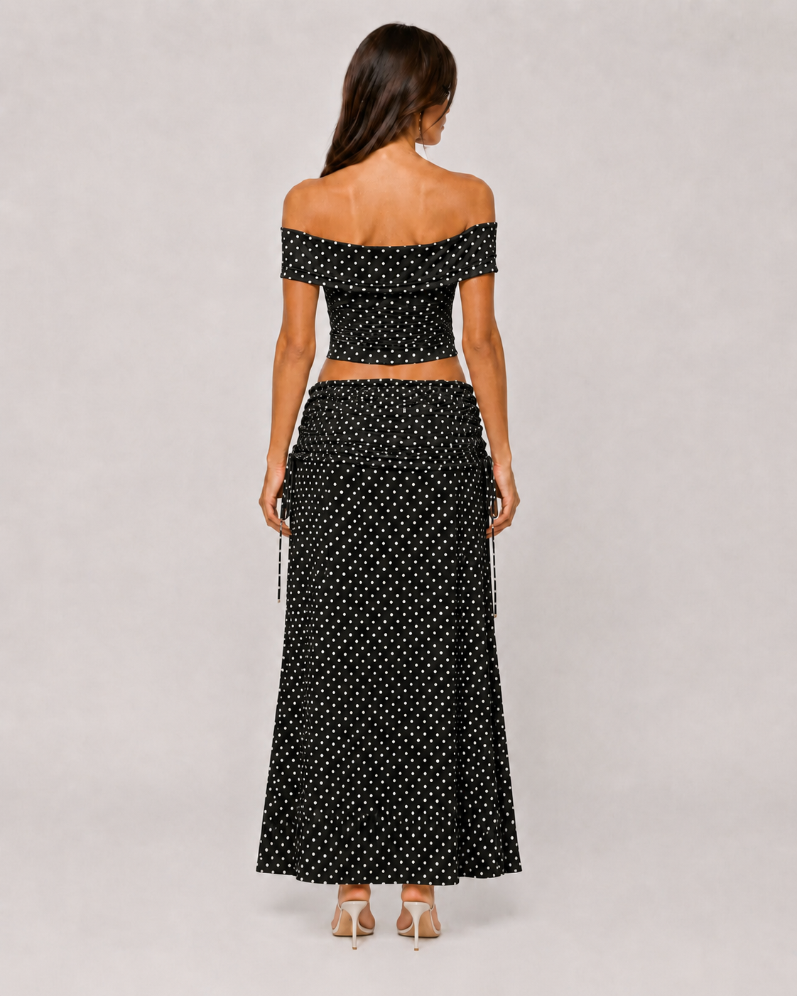 Polka Dot Off-Shoulder Corset Top & Ruched Maxi Skirt Set