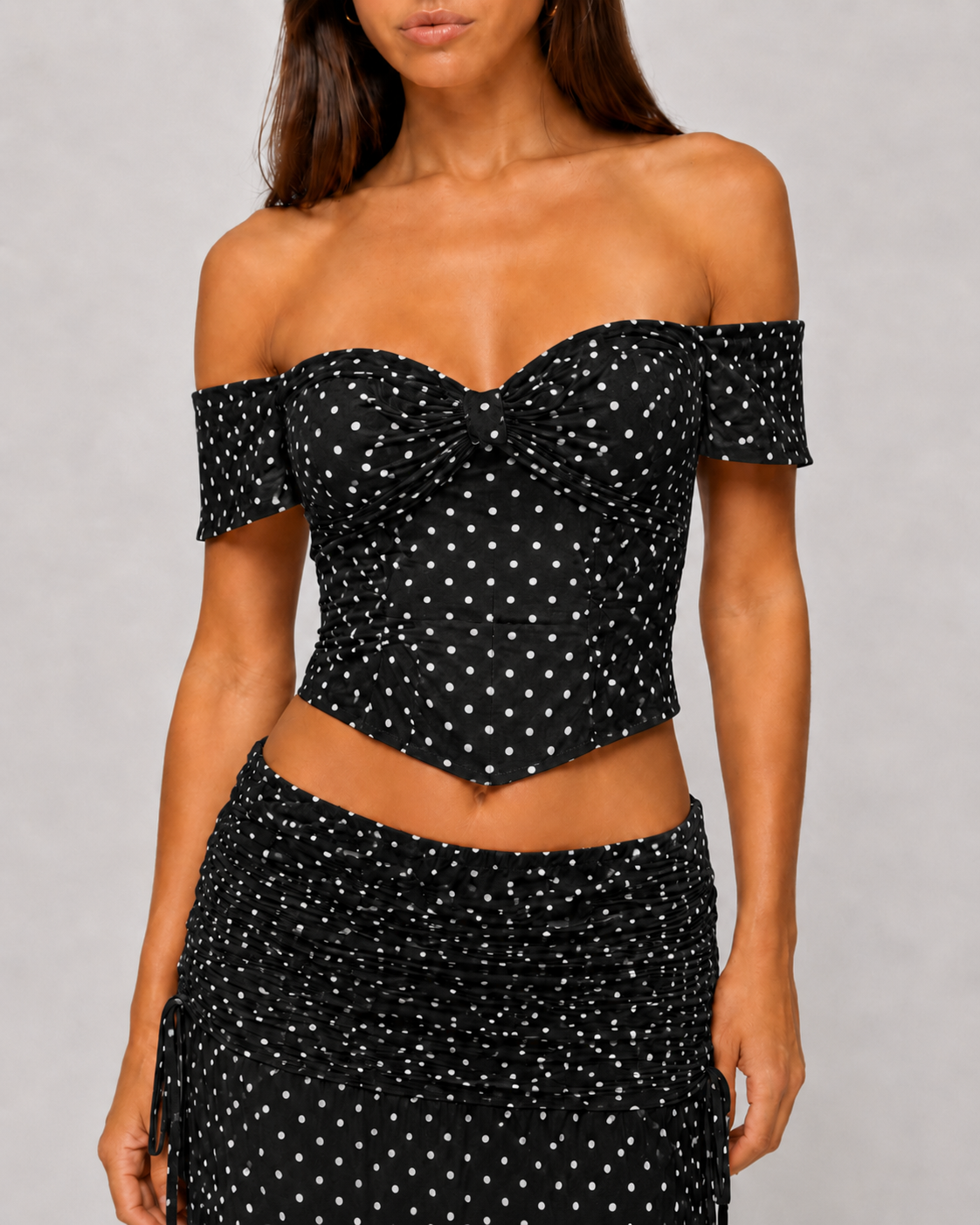 Polka Dot Off-Shoulder Corset Top & Ruched Maxi Skirt Set