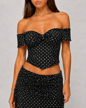 Polka Dot Off-Shoulder Corset Top & Ruched Maxi Skirt Set