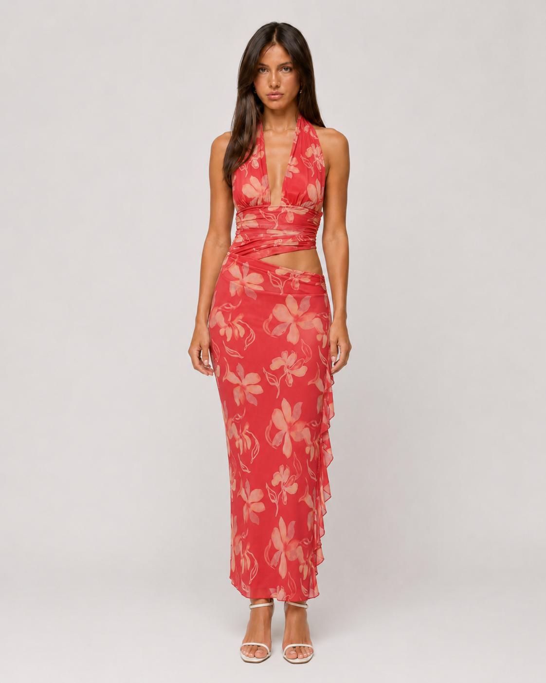 Floral Halter Plunge Top & Ruffle Maxi Skirt Set