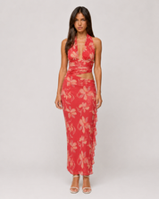 Floral Halter Plunge Top & Ruffle Maxi Skirt Set