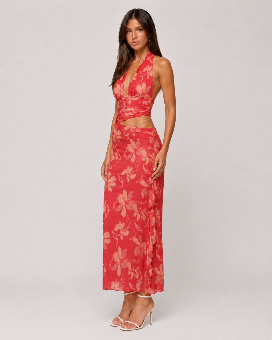Floral Halter Plunge Top & Ruffle Maxi Skirt Set
