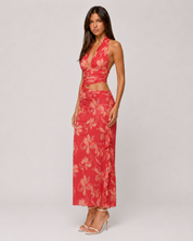 Floral Halter Plunge Top & Ruffle Maxi Skirt Set