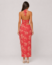 Floral Halter Plunge Top & Ruffle Maxi Skirt Set