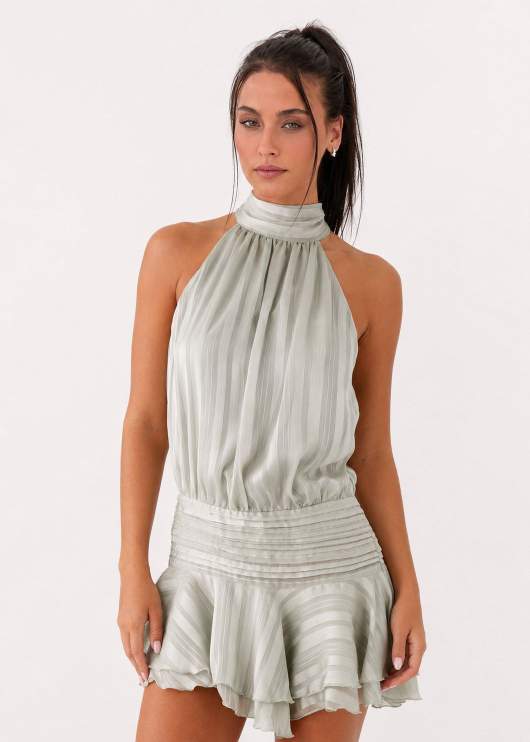 Soleil Halter Mini Dress – Light Gray