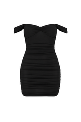 Ruched Off Shoulder Mini Dress - Black