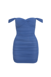 Ruched Off Shoulder Mini Dress - Blue - front
