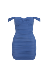 Ruched Off Shoulder Mini Dress - Blue